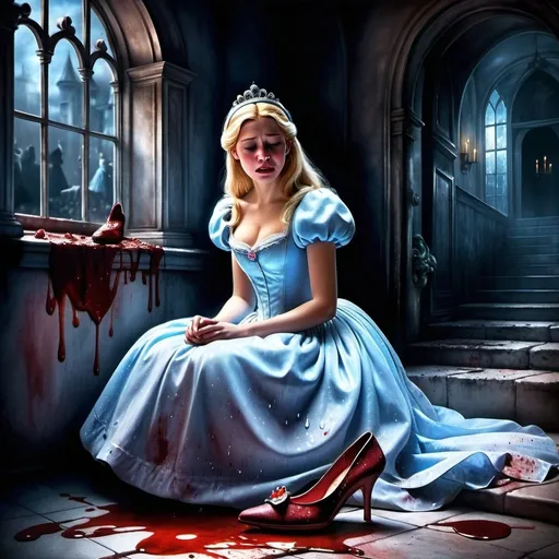 Prompt: Dark retelling of Cinderella with the glass slipper, her face is covered in tears, and is darkened by dramatic lighting, surrounded by blood on the walls and dead bodies surrounding her in a dark watercolor painting. Cinderella has lost her joy for life and the animals from all the the horrors she's seen and done, leaving us to wonder how the story changed. 