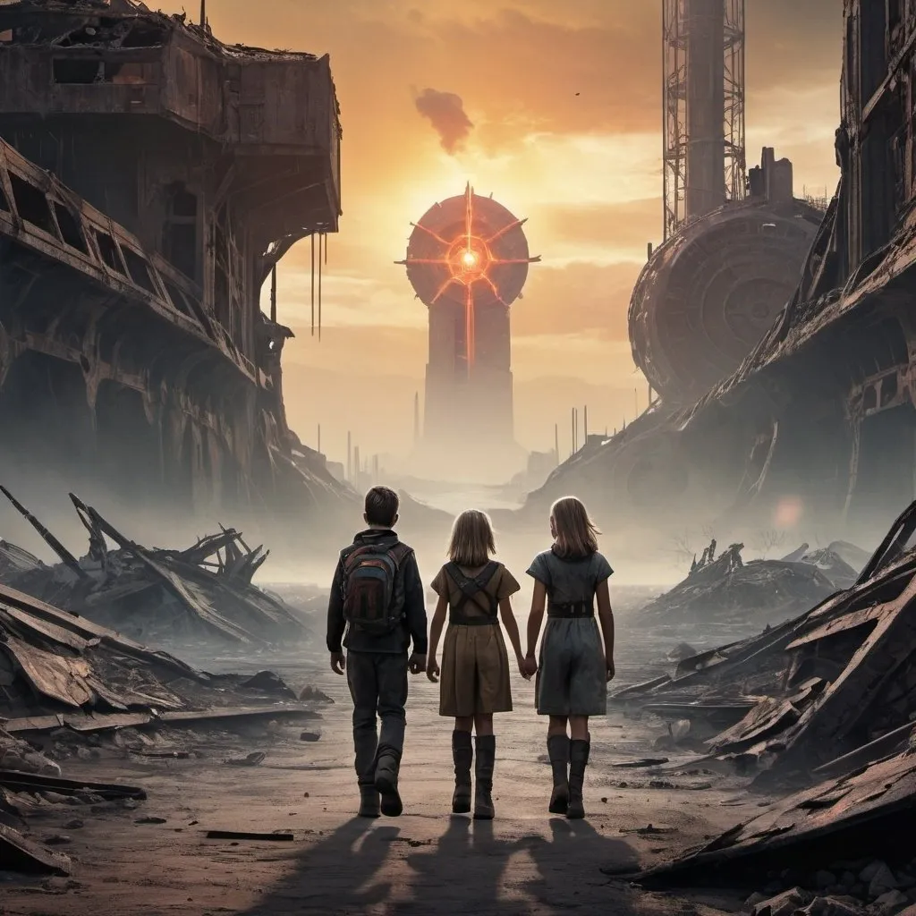 Prompt: A science fiction movie poster, abandoned apocalyptic background, brother and sister walk around openly heartbroken and upset to discover their world is destroyed, Baldur's Gate 3 style