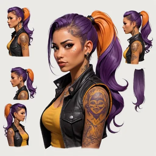 Prompt: Character design sheet Latina woman orange-purple ponytail black leather vest with yellow accents, tattoos