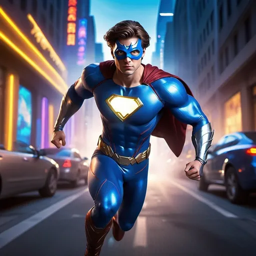 Prompt: CGI, masterpiece, man medium length brown hair, superhero, running through the city, blue and silver superhero outfit with mask and cape, vivid and colorful, glowing lights and decoration, intense and dramatic lighting, ultra-detailed, focused gaze, vivid colors, atmospheric lighting.
