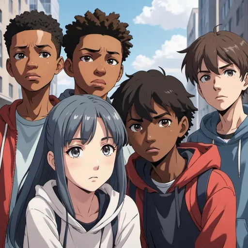 Prompt: Anime: a small group of anime teenagers of diverse racial backgrounds, who have discovered the world was destroyed, 4k, high-quality, anime, thoughtful and concern expressions, poster