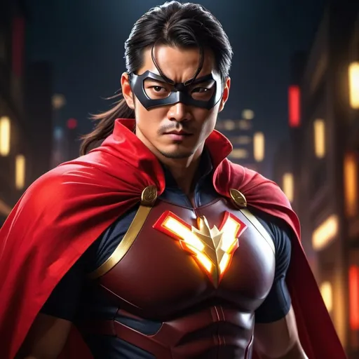 Prompt: CGI, masterpiece, Asian man long dark brown hair tied into low ponytail, superhero, super-strength, fighting crime, focused gaze, red and gold superhero outfit with eye mask and cape, and katana on his hip, vivid and colorful, glowing lights and decoration, intense and dramatic lighting, ultra-detailed, focused gaze, vivid colors, atmospheric lighting, full scene