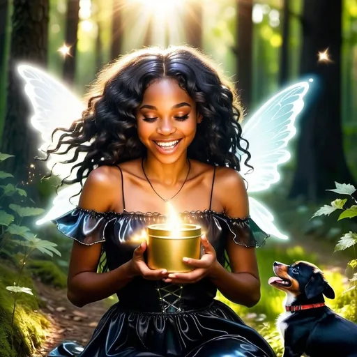 Prompt: Glistening black female fairy with long hair in a mystical forest around sunlight treating the sick gathering gifts laughing friends puppies jumping