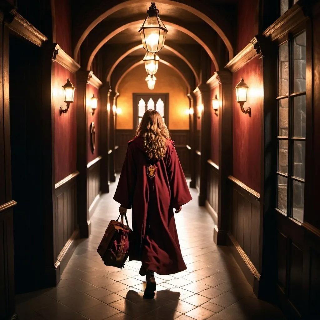 Prompt: A beautiful Hogwarts witch wearing her Hogwarts robes, walking to her Gryffindor dorm room. Dramatic lighting.