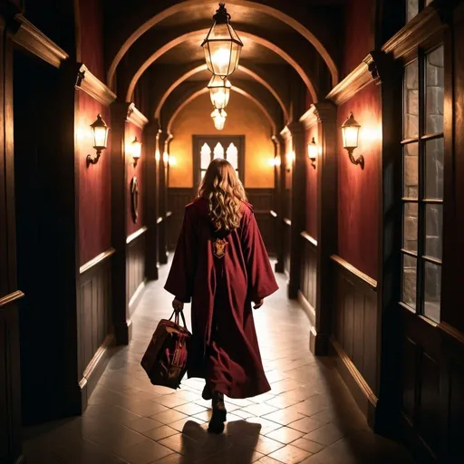 Prompt: A beautiful Hogwarts witch wearing her Hogwarts robes, walking to her Gryffindor dorm room. Dramatic lighting.