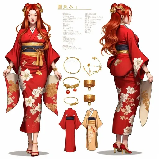 Prompt: Character design sheet classy Japanese curvy woman, long red hair with gold accessories, a red Kimono with gold accents, tattoos