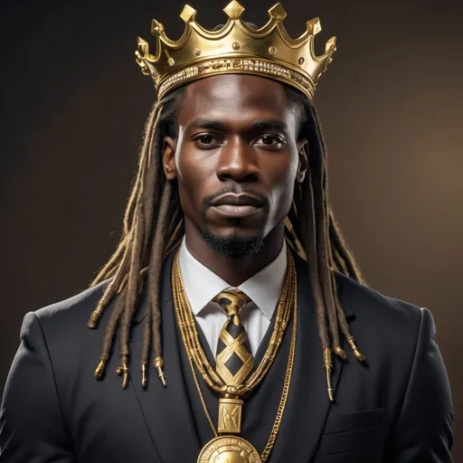 Prompt: Create an image of a tall, well-built African man, with a shiny gold crown in a country that was never conquered. He is bold, wise, intelligent, and holds his people to a high standard. 4k, real, dark skin, long dreads, and a black suit with real gold trim.