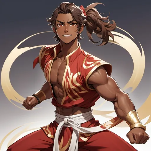 Prompt: Full body portrait. Genshin Impact, Mondstadt background. Genshin Impact athletic Hispanic male character with dark skin, brown eyes and long wavy brown hair, which is pulled back into a ponytail. He is wearing a flowy red and gold flowy outfit and is playfully training his body, getting ready to fight.