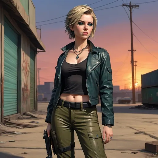 Prompt: 4k , high resolution , detailed , gta style ,dark colors , digital painting , roller shutter door in the background , outdoor , sunset ,industrial place , a woman holds a pistol   ,  blue eyes , pale skin ,necklace , leather black coat , black tube top shirt , khaki cargo pants , black boots , dyed blue and green streaks in hair , low angle shot  , powerful look , dangerous woman , 