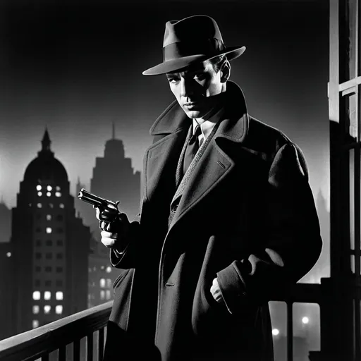 Prompt: dim, night film noir photography, Detective, 1950s, holding revolver, city background, black coat and hat, shadows

Movie poster: Waiting All Night
