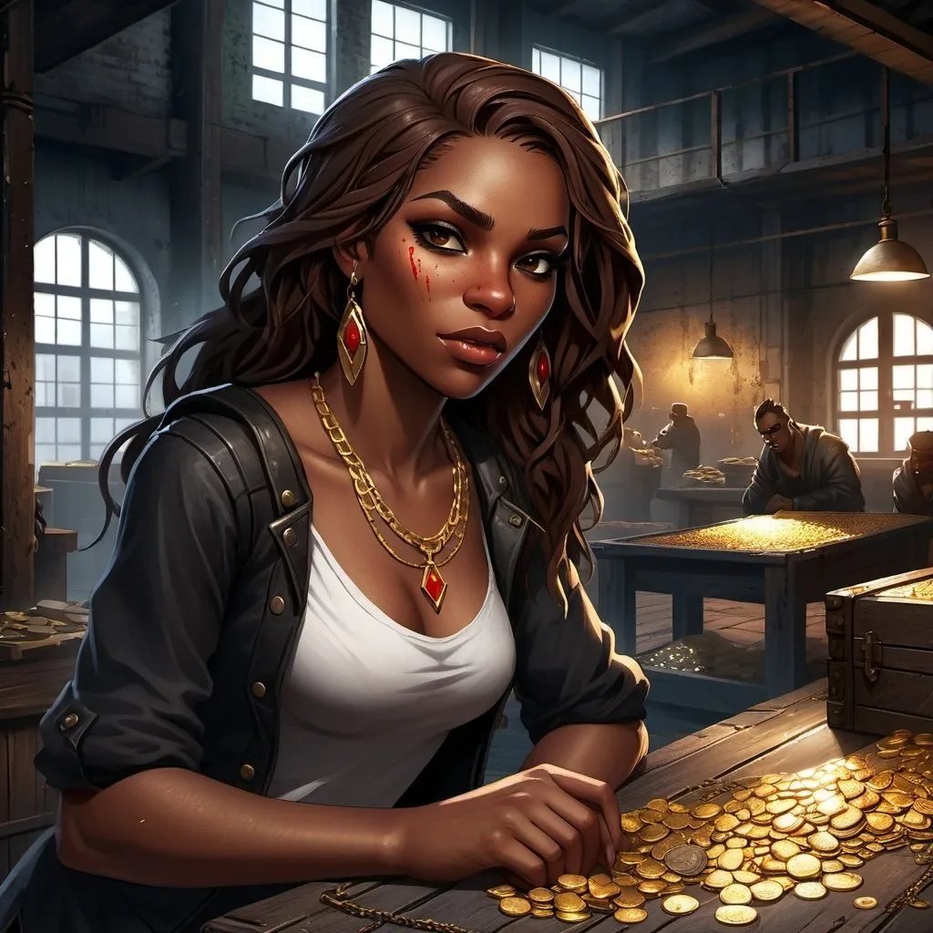 Prompt: Game-RPG fantasy illustration closeup of a slender 20s black female thief with natural textured slightly scarred face, long curvy brown hair with red accents, thin scar on her cheek, in an abandoned warehouse near the docks, pile gold jewelry and coins and gold bars spread on a table, two fellow thieves in the background with other loot, detailed facial features, textured digital painting, textured natural skin, atmospheric lighting, cool tones, detailed surroundings, professional, highres, loot, hideout, fantasy RPG, ombré hair, abandoned warehouse, docks, jewelry, fellow thieves, atmospheric lighting