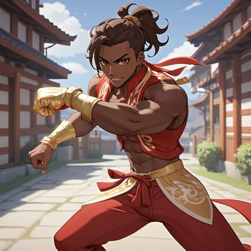 Prompt: Full body portrait. Genshin Impact, Mondstadt background. Genshin Impact athletic Hispanic male character with dark skin, brown eyes and long wavy brown hair, which is pulled back into a ponytail. He is wearing a flowy red and gold flowy outfit and is playfully training his body, getting ready to fight.