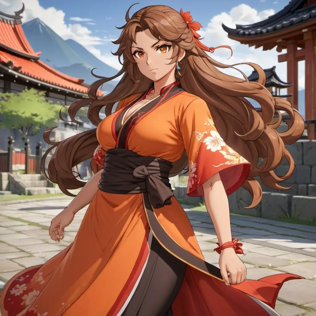 Prompt: Full body portrait. Genshin Impact, Mondstadt background. Genshin Impact curvy Hispanic female character with hazel eyes and long wavy brown hair. She is wearing a flowy orange and red flowy dress and is ready to fight.