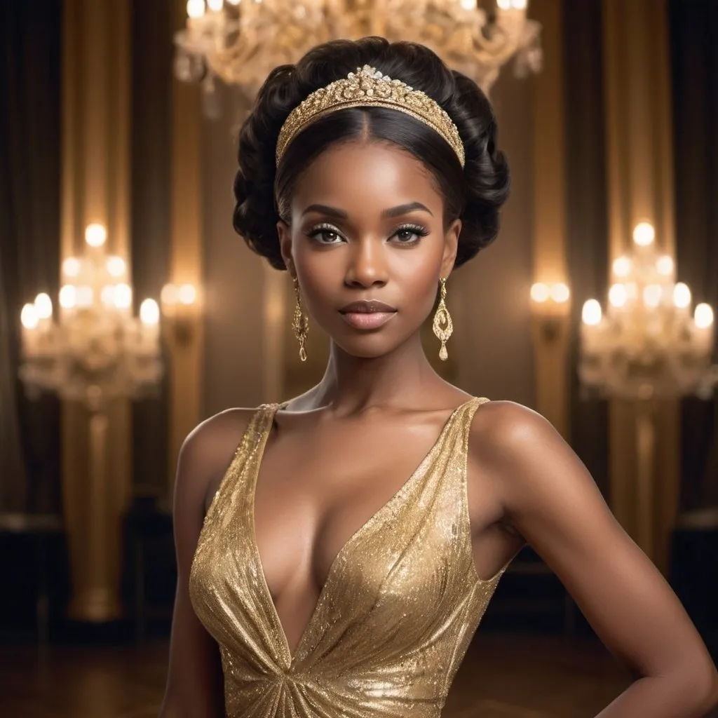 Prompt: Imagine a portrait of an elegant black woman who exudes grace and refinement, standing tall in a stunning gold ensemble that cascades down her slender frame. Her luxurious, flowing dark hair is styled in elegant waves, accented by a delicate gold headband that sparkles under the soft lighting. Her piercing gaze, enhanced by subtly smoky eye makeup, is a testament to her poise and confidence. Set against the backdrop of an opulent, dimly-lit ballroom with glistening chandeliers, her presence captivates the audience, as she embodies the essence of sophistication and beauty. Her posture, both regal and effortless, leaves a lasting impression of a woman who effortlessly commands attention and admiration wherever she goes.