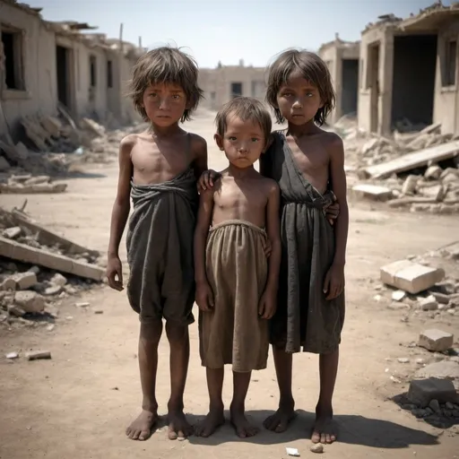 Prompt: Image the only surviving children of the end of the world, after it is destroyed by human kind's greed and war.