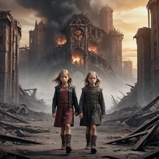 Prompt: A fantasy movie poster, abandoned apocalyptic background, brother and sister twins walk around openly heartbroken and upset to discover their world is destroyed, Baldur's Gate 3 style