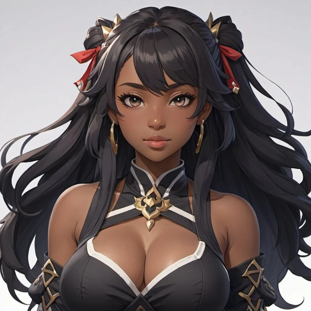 Prompt: Genshin Impact Black buxom black female, with long hair