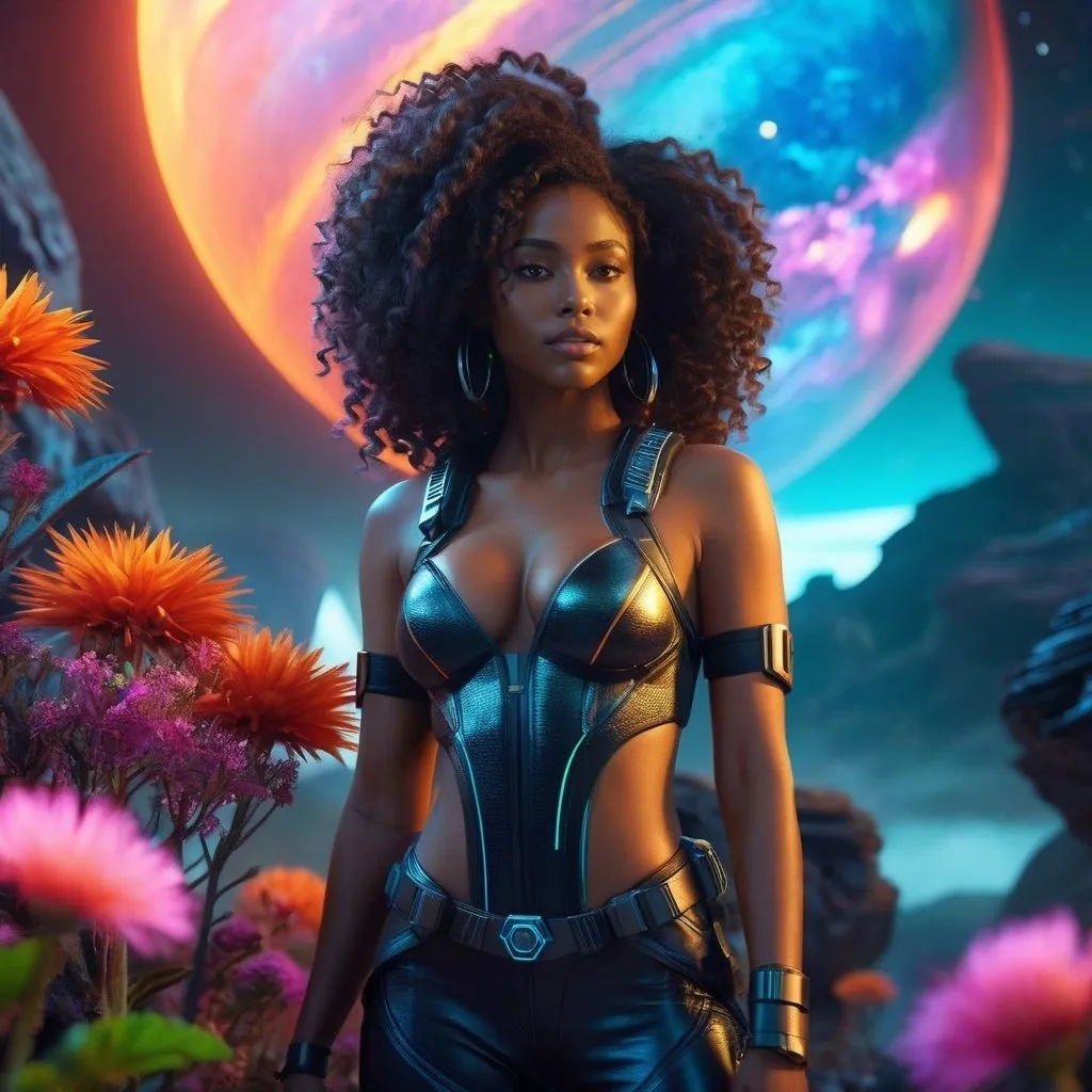 Prompt: CGI, masterpiece, black girl on a dangerous alien planet, long curly hair, cleavage, sci-fi, vivid and otherworldly environment, glowing flora and fauna, intense and dramatic lighting, ultra-detailed, sci-fi, futuristic, dangerous planet, intense gaze, vivid colors, otherworldly,  atmospheric lighting.