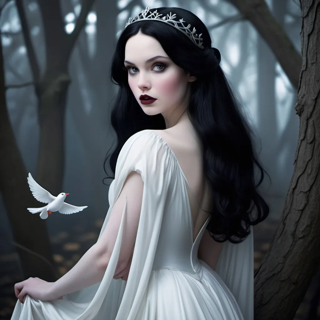 Prompt: Snow White is a delicate yet haunting beauty, with pale porcelain skin, deep dark eyes, and long, flowing ebony hair that cascades down her back like silk. Her features are soft and ethereal, frozen in an almost dreamlike daze, as if caught between reality and enchantment. She wears a ghostly white gown, flowing and weightless, giving her an otherworldly, untouchable aura. Once a symbol of purity, she is now a forgotten legend, lost in a fate no one remembers.