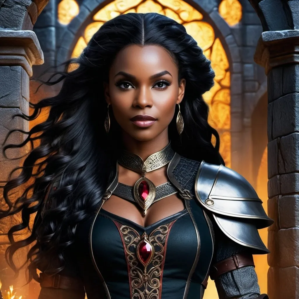 Prompt: A fantasy movie poster, medieval background, black woman with long wavy black hair, Baldur's Gate 3 style