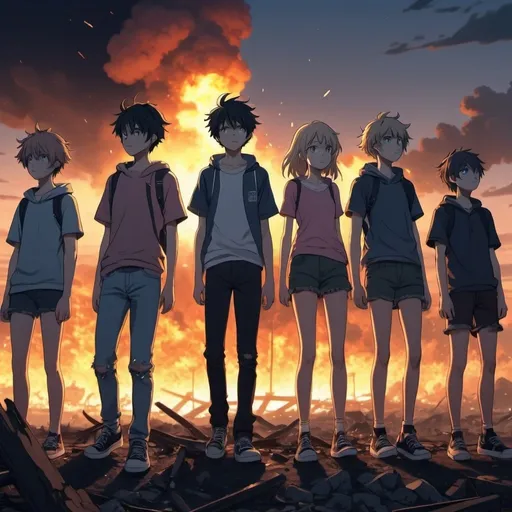 Prompt: A group of teenagers after discovering the world is destroyed, 2D anime style 8k