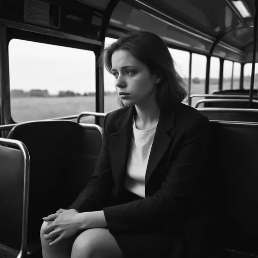 Prompt: Photo of woman sitting on a bus, dramatic in the style of Dirk Braeckman, B&W