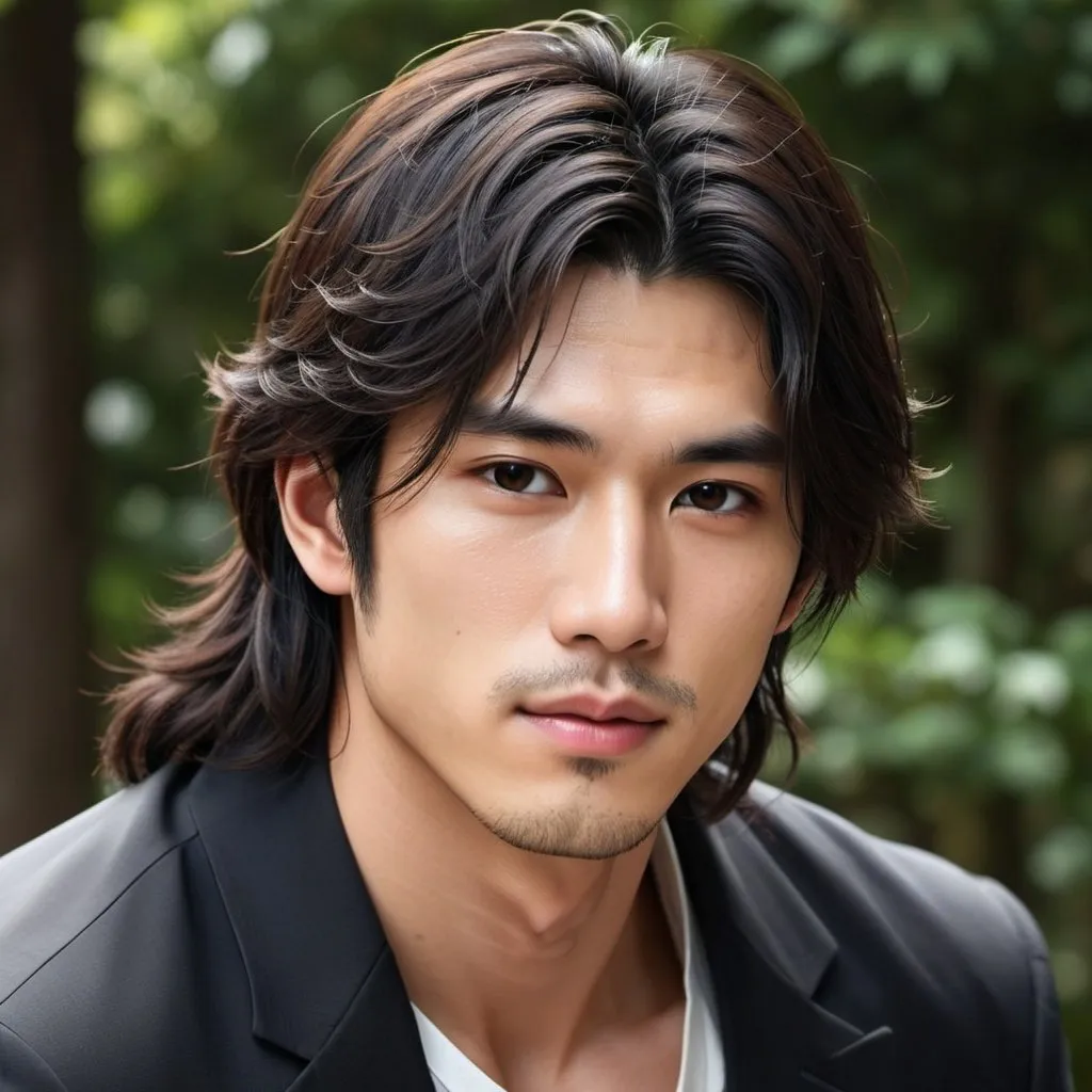 Prompt: Realistic Romantic Book Cover

Jun: Handsome young Japanese man with long black hair and brown eyes.