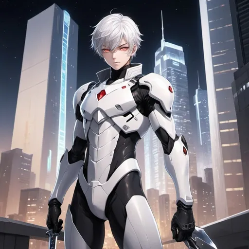 Prompt: anime, boy, detailed, very detailed, a man in a white armor futuristic suit with a sword on a city street with skyscrapers in the background, official art, anime, boy, detailed, very detailed, crystal ruby eyes, short silver hair, 8k, detailed eyes, glove holding, Anime illustration of a tall man, hands behind back, black thigh-highs and black gloves, bright pupils, space, starfalls , high quality, thin body, anime art, detailed eyes, professional, atmospheric lighting, normal hands, five fingers, aura, adult woman, cold face, sharp eyes, 1boy, glowing eyes