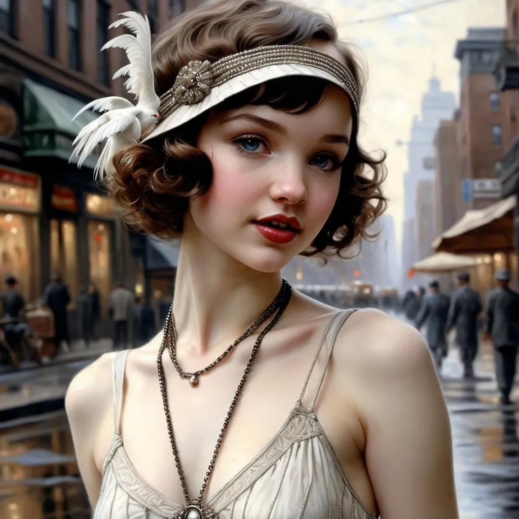 Prompt: Hyper-realistic painting by Serge Marshennikov, Luis Royo, Karol Bak:: Dove Cameron as a young pretty happy 1920s flapper woman, short curly brunette hair, wearing fashionable clothing, walking through the streets of Harlem:: 8k resolution, incredible details, a masterpiece, photorealistic