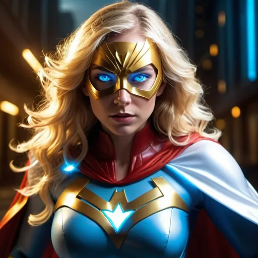 Prompt: CGI, masterpiece, woman long wavy blonde hair, light blue eyes, superhero, super-strength, fighting crime, glowing eyes, focused gaze, white and gold superhero outfit with mask and cape, vivid and colorful, glowing lights and decoration, intense and dramatic lighting, ultra-detailed, focused gaze, vivid colors, atmospheric lighting, full scene