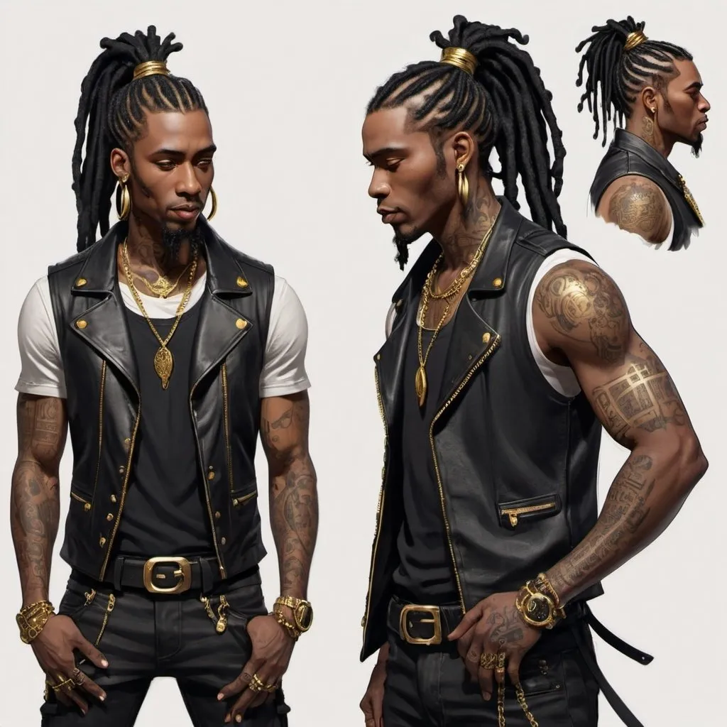 Prompt: Character design sheet Black man black dreads ponytail with gold accents, black leather vest with gold accents, tattoos