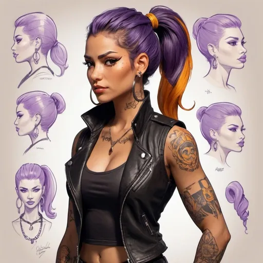Prompt: Character design sheet Latina woman orange-purple ponytail black leather vest with yellow accents, tattoos