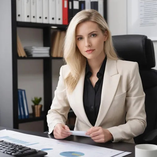 Prompt: Create an image of a beautiful blonde woman working in her office, wearing a power suit