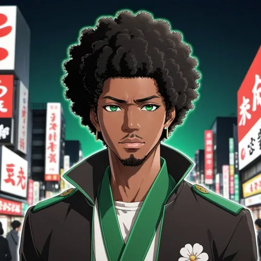 Prompt: A handsome black man with black afro, wearing Shibuya style outfits, and emerald green eyes in Japanese style anime.