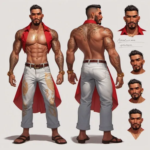 Prompt: Character design sheet Puerto Rican man, medium length brown and red tips, open shirt with gold accents, tattoos, muscular