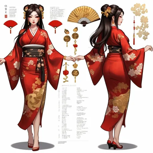 Prompt: Character design sheet classy Japanese curvy woman, long dark brown hair with gold accessories, a red Kimono with gold accents, red and gold fan, tattoos