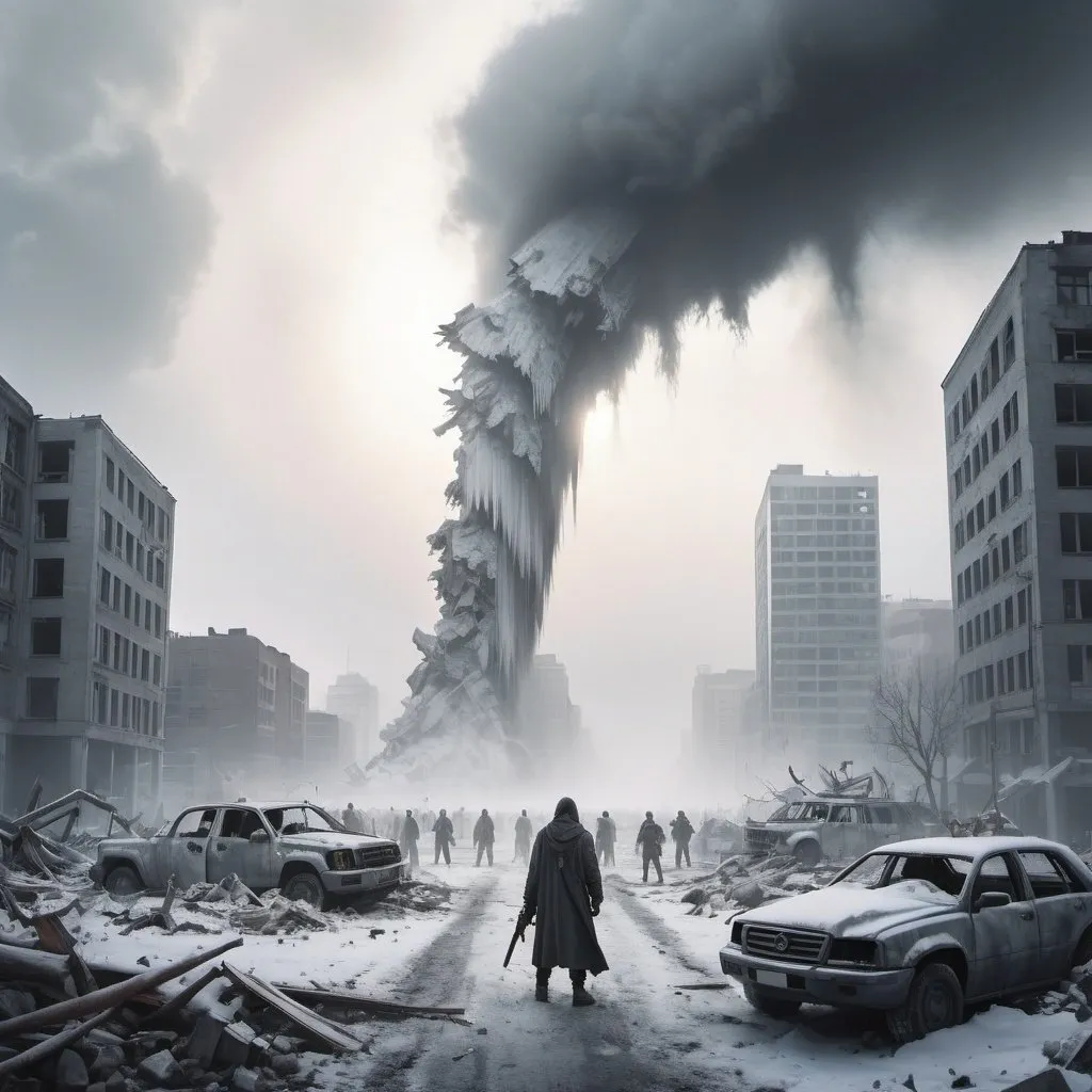 Prompt: wide view of ultra realistic image of destroyed city apocalypse; fog and snow; big light pillar in the middle people fighting holding apocalypse weapon wearing scarf; bright white tone