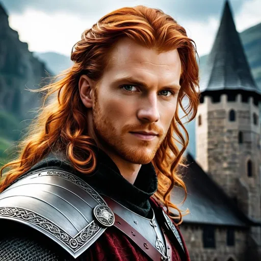 Prompt: A fantasy movie poster, medieval background, man with long wavy red hair, hazel eyes, Baldur's Gate 3 style