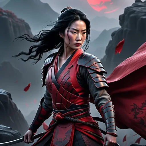 Prompt: (Mulan corrupted) dark and brooding aesthetics, fierce and menacing expression, dramatic black and red armor, fallen warrior theme, haunting background showcasing a ravaged landscape, shadowy figures lurking, ethereal mist swirling around, cold and eerie atmosphere, sophisticated detailing, powerful stance, cinematic lighting highlighting her dark transformation, ultra-detailed, 4K resolution.