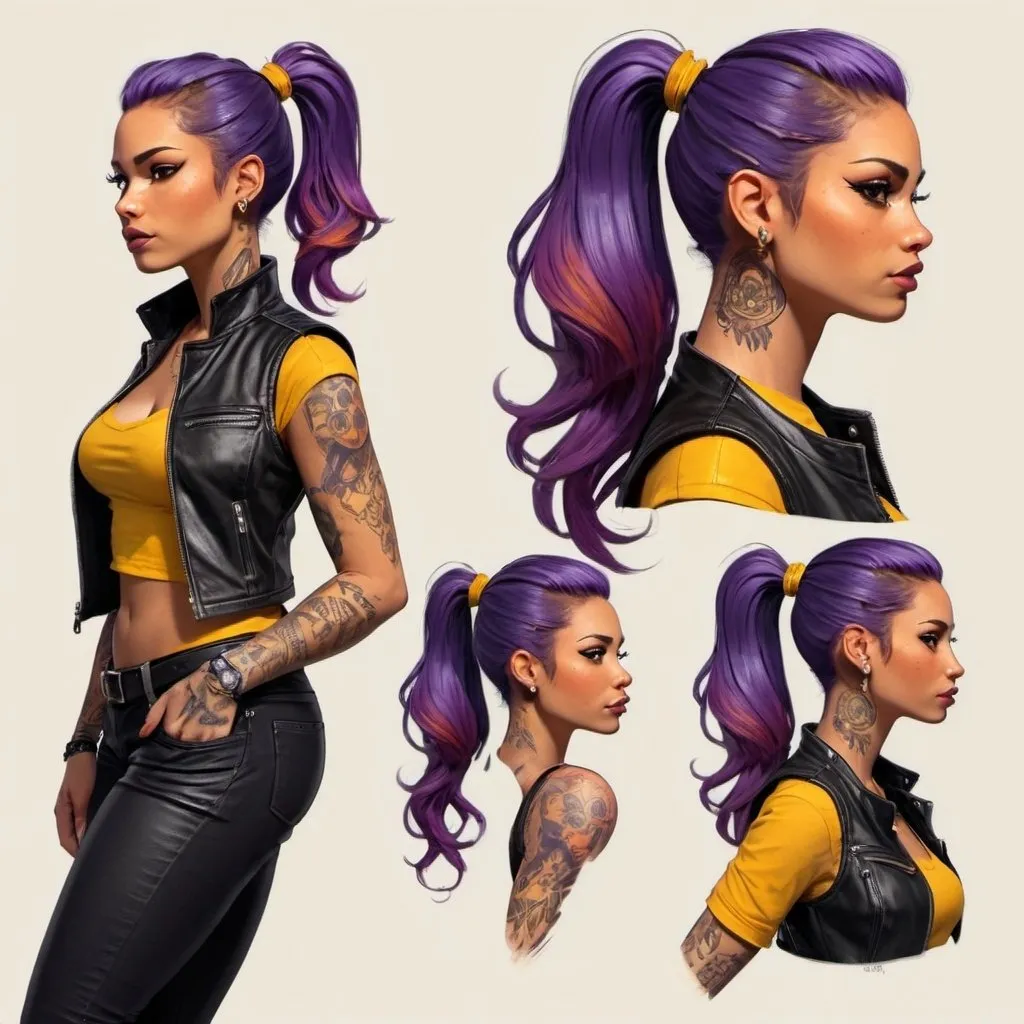 Prompt: Character design sheet Latina woman orange-purple ponytail black leather vest with yellow accents, tattoos