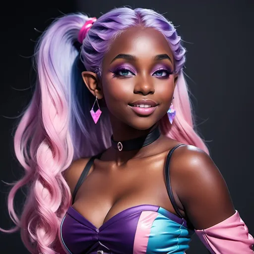 Prompt: Dark-skinned Elf woman, blue eyes, plump, curvy, long wavy ombre purple-pink hair, ponytail, pop star, narrow shoulders, performing