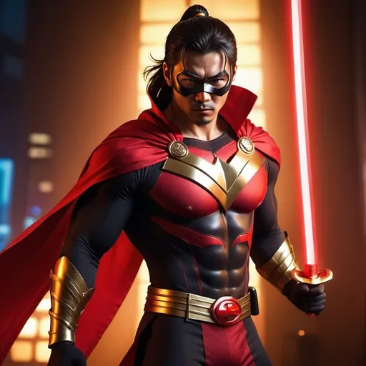 Prompt: CGI, masterpiece, Asian man long dark brown hair tied into low ponytail, superhero, super-strength, fighting crime, focused gaze, red and gold superhero outfit with eye mask and cape, and katana on his hip, vivid and colorful, glowing lights and decoration, intense and dramatic lighting, ultra-detailed, focused gaze, vivid colors, atmospheric lighting, full scene