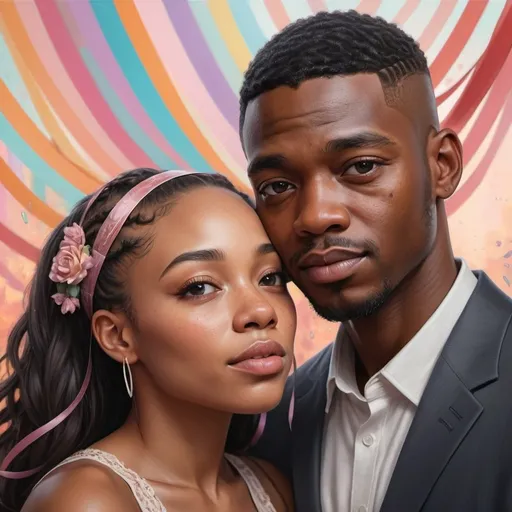 Prompt: A heartwarming, realistic portrait of a interracial couple. They are surrounded by a delicate romantic background, and gentle ribbons cascading down the sides. Hyper realistic, splash art, concept art, mid shot, intricately detailed, color depth, dramatic, 2/3 face angle, side light, colorful background