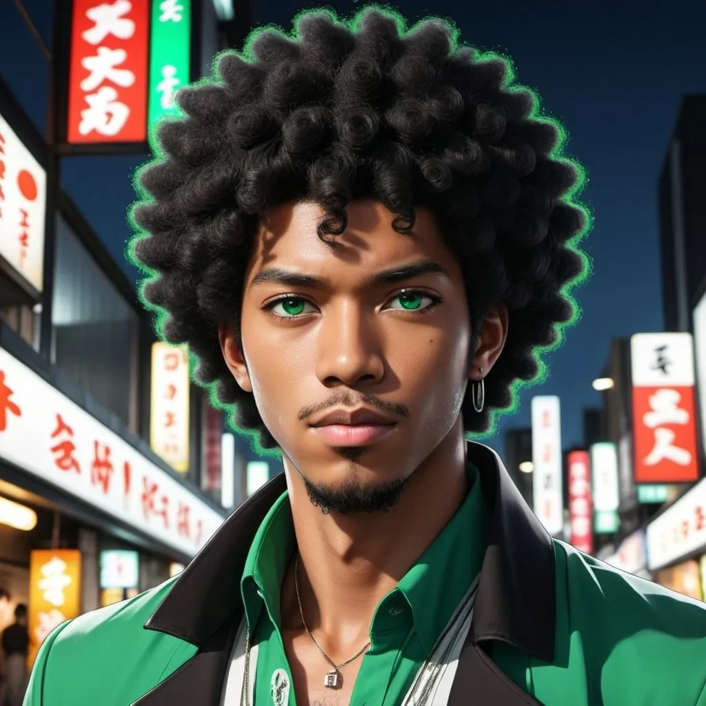 Prompt: A handsome black man with black afro, wearing Shibuya style outfits, and emerald green eyes in Japanese style anime.
