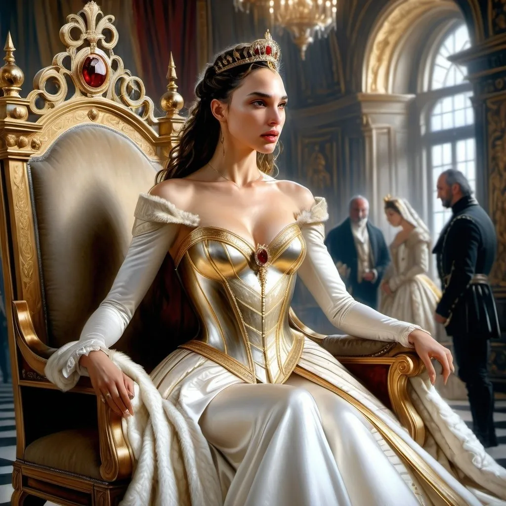 Prompt: Hyper-realistic painting by Serge Marshennikov, Luis Royo, Karol Bak:: elegant and distinguished Gal Gadot, wearing a Elizabethan queenly white dress with gold trim, and a gold queen, she is walking through the Elizabethan throne room as everyone looks on in envy:: 8k resolution, incredible details, a masterpiece, photorealistic