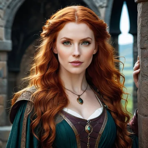 Prompt: A fantasy movie poster, medieval background, woman with long wavy red hair, hazel eyes, Baldur's Gate 3 style