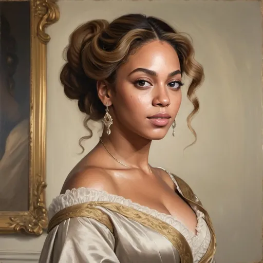 Prompt: Regency era portrait of Beyoncé as a beautiful woman with brunette wavy hair trailing over the shoulder, oil painting, upper class Regency period clothing, simple, subtle colors, soft and diffused lighting, high quality, detailed brushwork, elegant and refined, classic beauty, historical art, Baroque style, delicate features, aristocratic charm, Michael Dahl