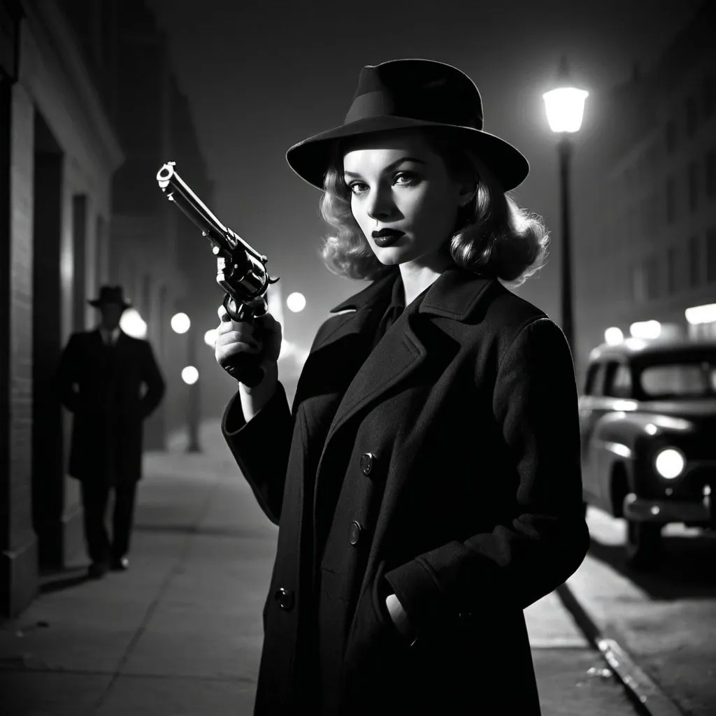 Prompt: dim, night film noir photography, female Detective, 1950s, holding revolver, city background, black coat and hat, shadows