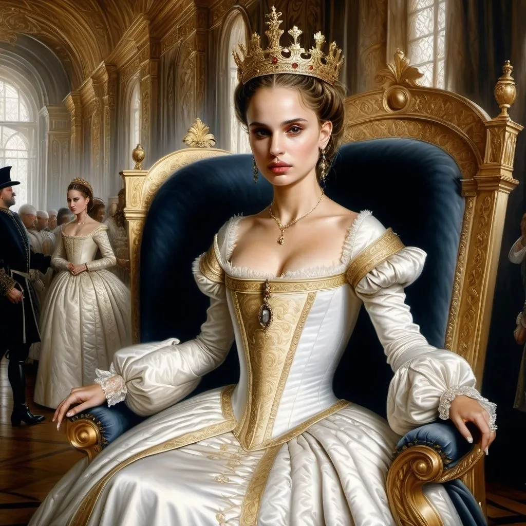 Prompt: Hyper-realistic painting by Serge Marshennikov, Luis Royo, Karol Bak:: elegant and distinguished Natalie Portman, wearing a Elizabethan queenly white dress with gold trim, and a gold queen, she is walking through the Elizabethan throne room as everyone looks on in envy:: 8k resolution, incredible details, a masterpiece, photorealistic