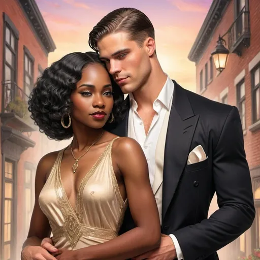 Prompt: Romance novel style book cover with a handsome man holding a gorgeous black woman, 1920s style outfits and background. Interracial couple.